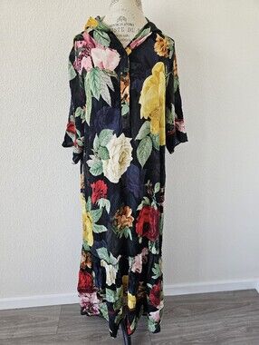 ​DARKWIN Floral Rose Maxi Dress Hooded Ladder Lace Trim Button Front Black